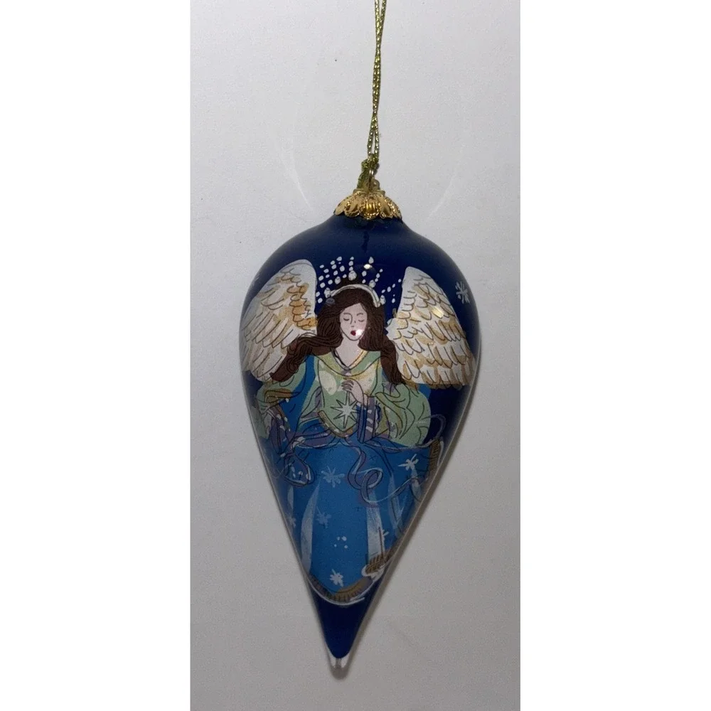 Pier 1 Li Bien Christmas Ornament 2019 Blue Tear Drop Painted Glass Angel